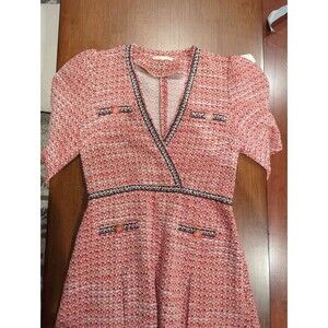 Maje Rosine Pink Red Tweed Mini Dress Contrast Trim Puff Sleeve